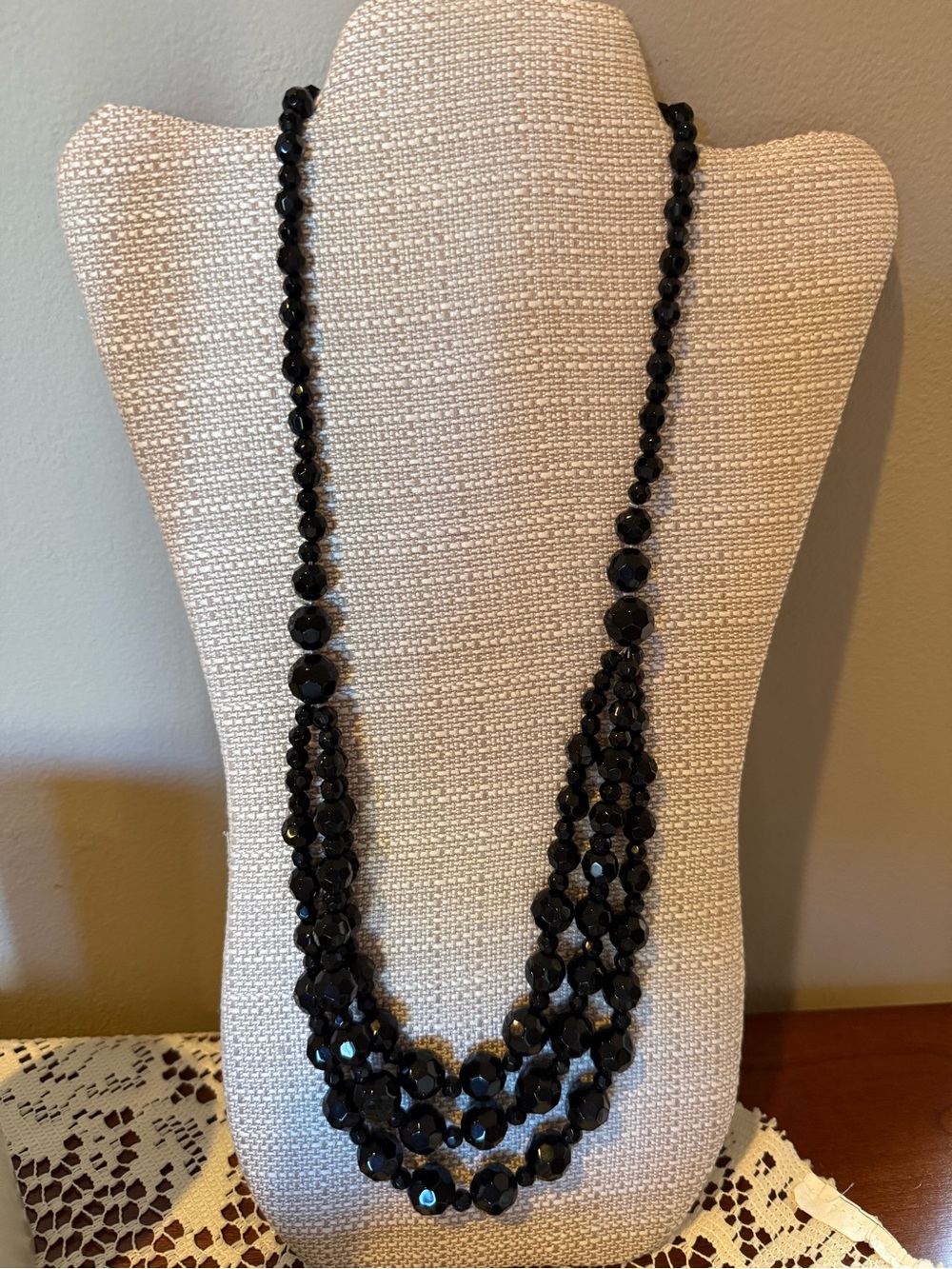 Vintage 3-Strand Black Faceted Glass Bead Necklace • Graduated Art Deco Cascade